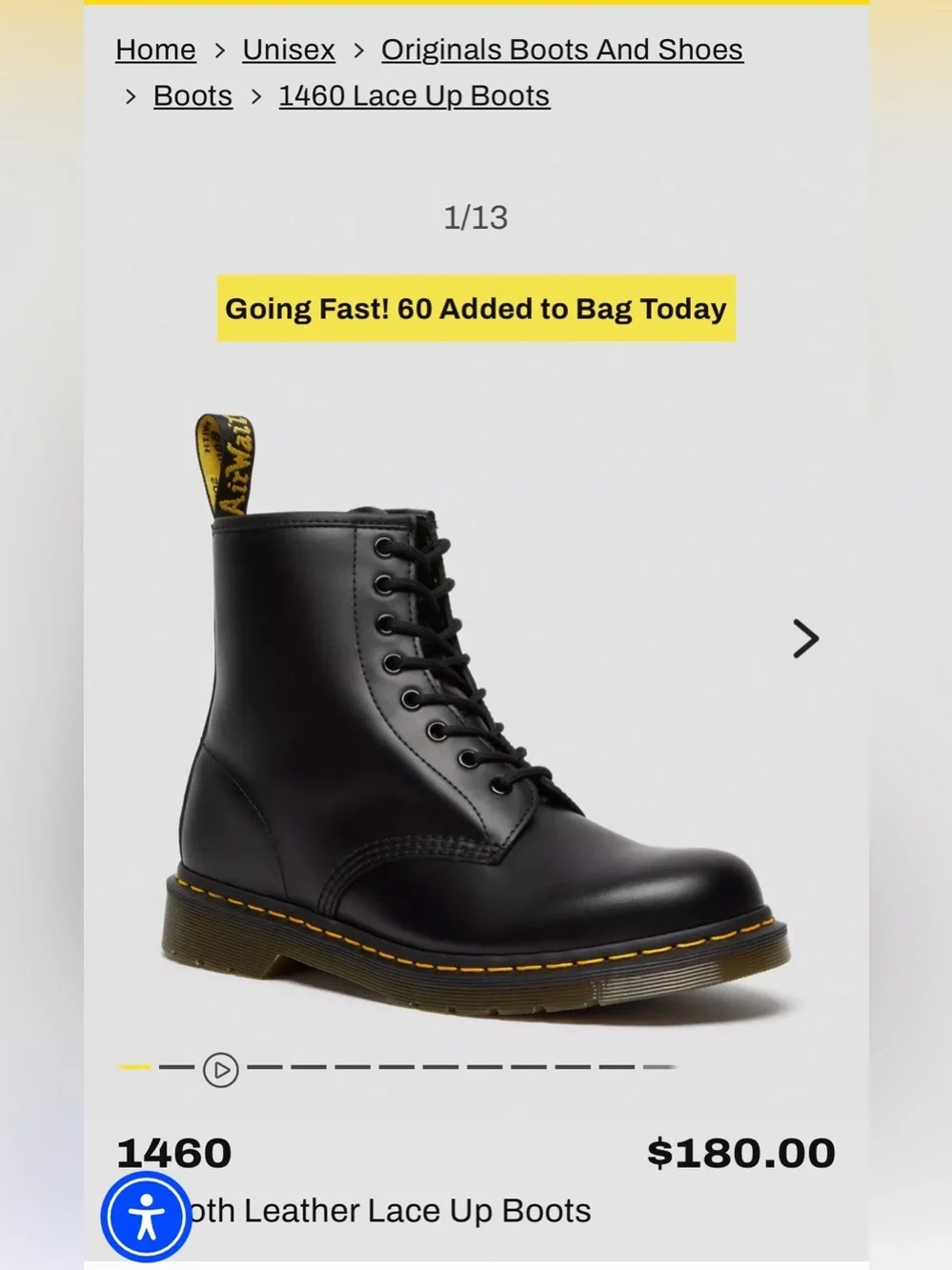 Dr. Martens 1460 Black Leather 8-Eye Lace-Up Boots with Yellow Stitching